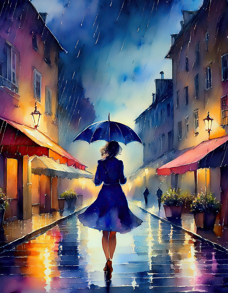 City Nights: A Walk In The Rain" by FN Prints illustrates a vibrant painting of a woman in a blue dress holding an umbrella as she walks through a rain-soaked street at night, embodying urban elegance. Warm lights from the buildings and reflections contribute to the colorful, atmospheric scene, with two figures in the background also sheltered under umbrellas.