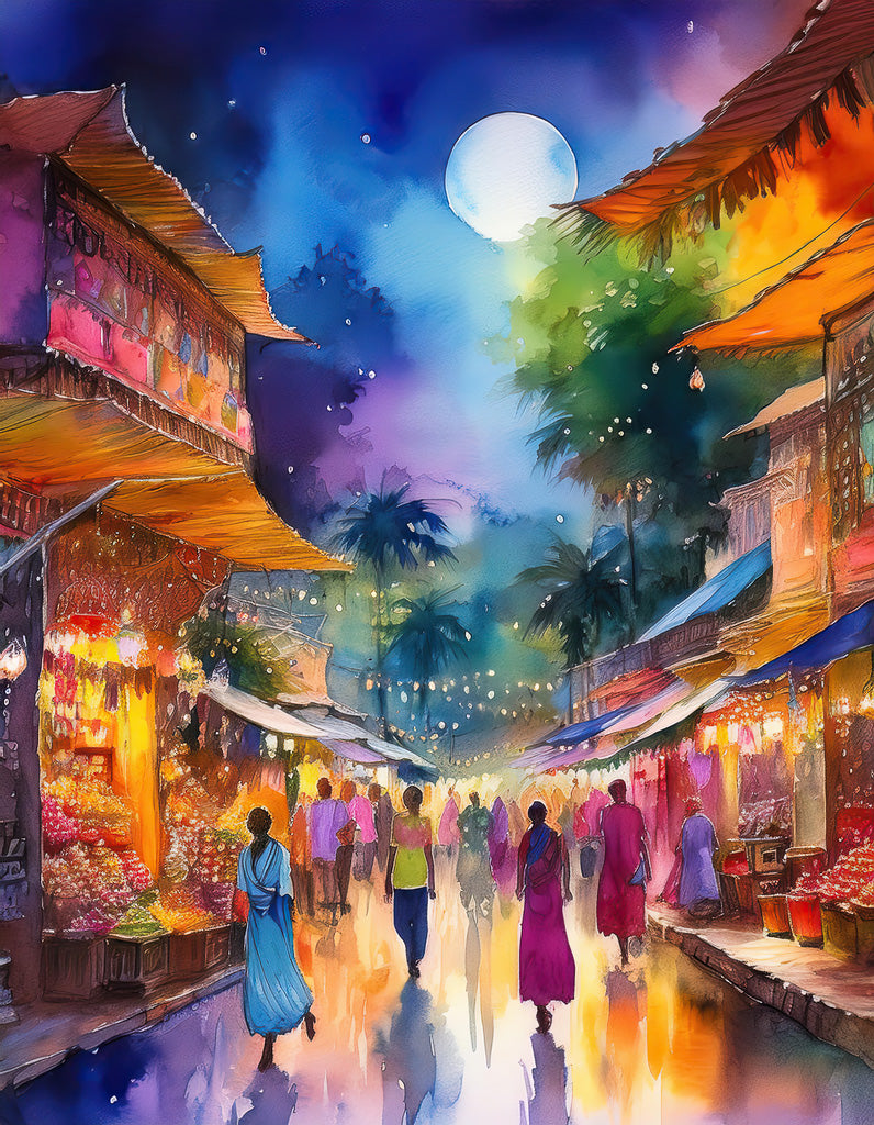 Discover the enchanting atmosphere of "City Nights: Indian Bazaar" by FN Prints. This vibrant, colorful scene captures a bustling Indian marketplace at night. People stroll along wet streets reflecting the vivid lights from vendor stalls, exuding a contagious energy. Brightly lit shops display an array of goods under canopies, while palm trees and a full moon illuminate the sky, creating an aura of cultural richness and magic.