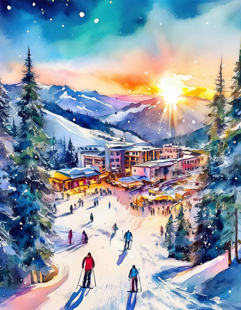 The FN Prints artwork, "Snowy Slopes at Sunset," captures a vibrant, snowy mountain village bathed in the glow of warm lights as skiers navigate the slopes. Pine trees and majestic peaks envelop the ski resort, crafting a picturesque winter scene with colorful skies and gently falling snowflakes, epitomizing alpine life at its finest.