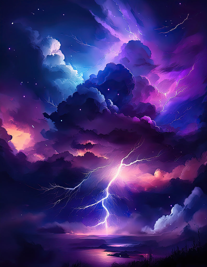 Nocturnal Tempest by FN Prints presents a vibrant and surreal night sky scene, where a powerful lightning bolt pierces through dark, billowing clouds in deep blues, purples, and pinks. This digital watercolor beautifully captures the calm body of water below, creating a perfect contrast with the dramatic and colorful sky above—an ideal piece for wall art prints.