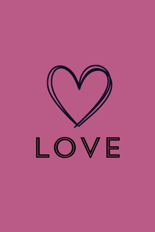 A minimalist, hand-drawn heart design is featured above the word "LOVE" in bold capital letters. This design is in black on a pink background, creating an elegant FN Prints Love poster ideal for home decor.