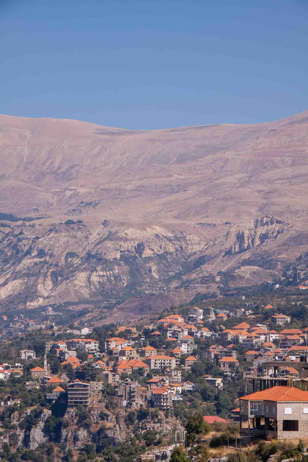 The product "Ariz, Lebanon: Colour" by FN Prints captures a picturesque mountain village in Lebanon, adorned with numerous buildings featuring red-tiled roofs and nestled amidst lush greenery. Majestic, barren mountains form a stunning backdrop under a clear blue sky. The architecture and landscape embody the serene and scenic essence of this mountain paradise.