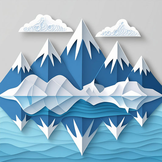 Arctic Landscape II by FN Prints is a stylized paper-cut art depiction of an Arctic scene featuring snowy mountains and their reflections in a lake. The shades of blue and white used for the mountains and clouds create a three-dimensional effect against a light gray background, embodying geometric design elements.