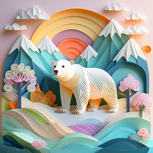 Introducing *Phaedra The Polar Bear* by FN Prints, a vibrant paper-cut art piece perfect for a children's room. Featuring Phaedra standing in a colorful landscape, the scene includes stylized mountains, a rainbow sun, and whimsical trees, all created with layered paper in pastel shades. This playful and imaginative artwork masterfully blends traditional craft with digital art elements.