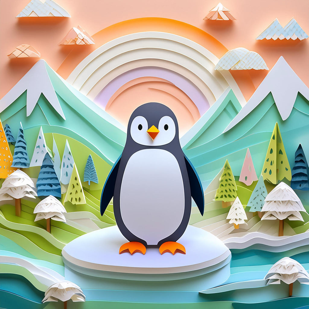 A cute penguin named Paniz The Penguin stands on a snowy mound in a colorful, layered paper art landscape by FN Prints. This delightful digital creation features mountains, trees, and a vibrant rainbow under a pastel sky.