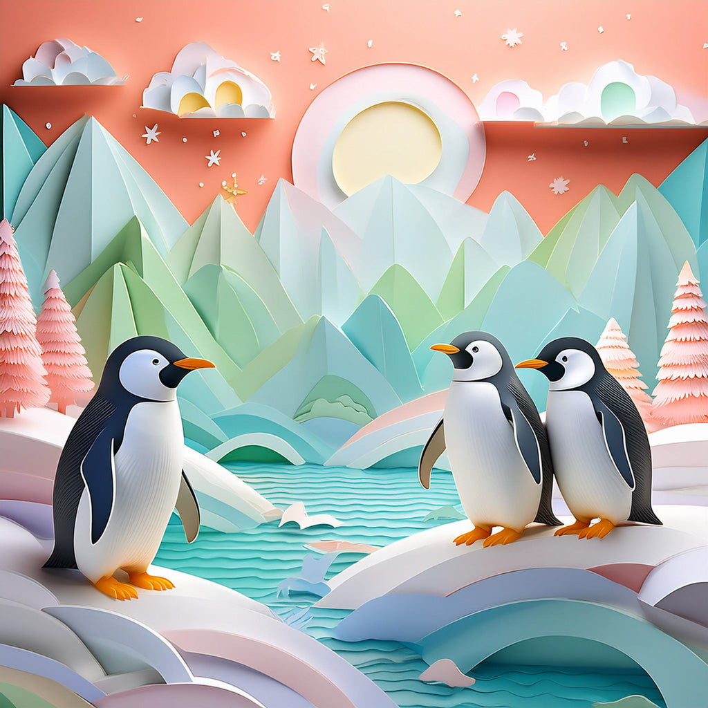 FN Prints' "Huddle Of Penguins" is a whimsical illustration perfect for penguin nursery decor, featuring three penguins on a frosty landscape with snow-capped mountains, pine trees, and a colorful sky adorned with clouds and a large, glowing sun. The penguins stand on snowy hills overlooking a serene, icy river in this enchanting piece of children's art.