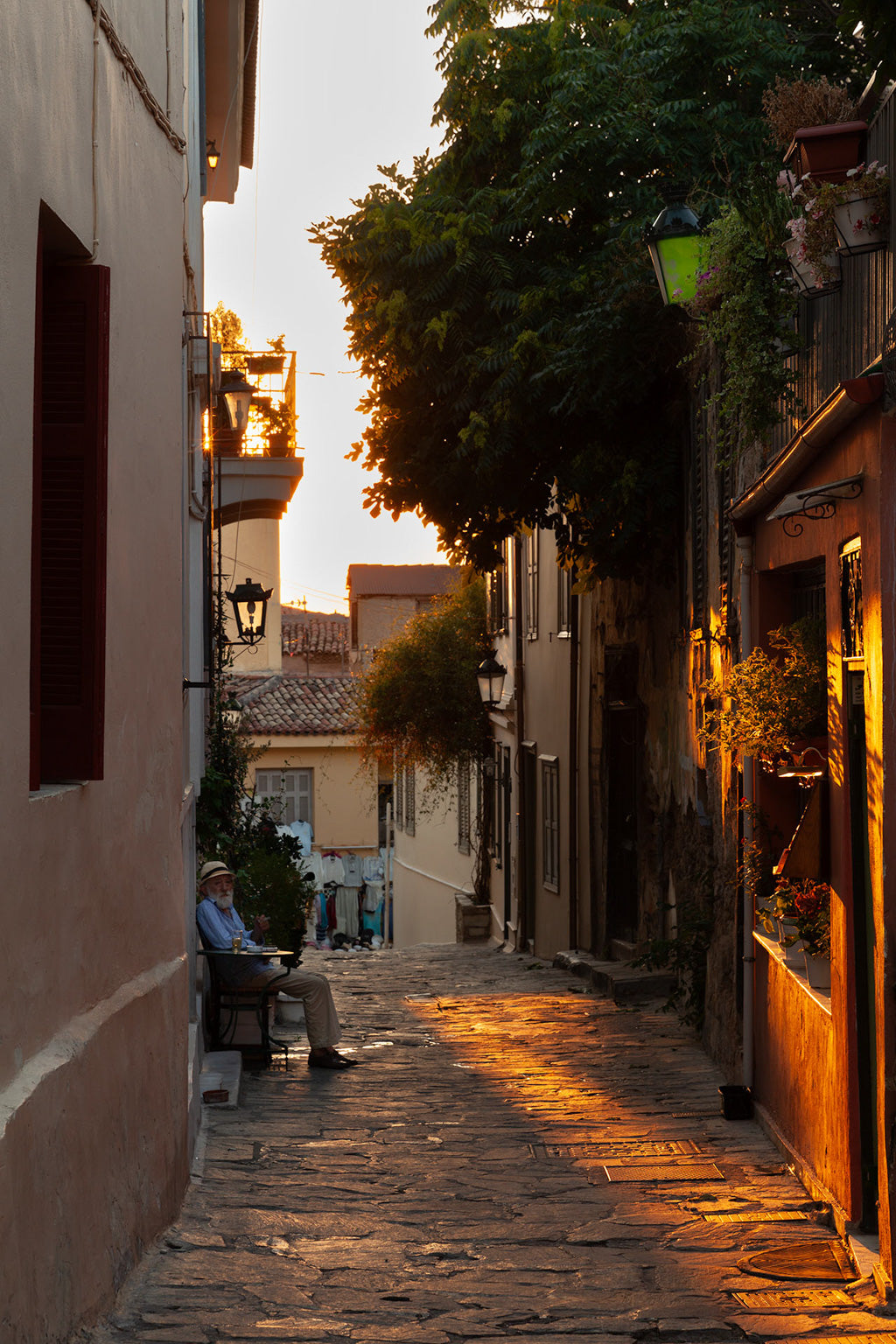 A narrow cobblestone street bathed in warm, golden sunset light. A man sits on a bench outside a building on the left, while hanging plants and lanterns adorn the right side. The "Sunset Tipple" from FN Prints captures Greek hospitality as trees and houses line the street, creating a peaceful, picturesque scene in Athens.