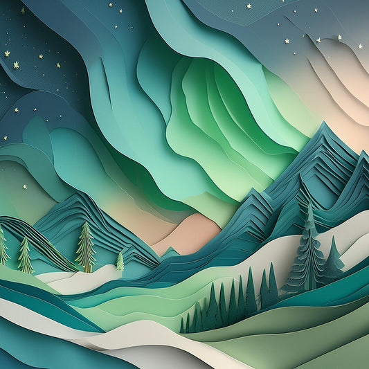 Experience the enchanting beauty of the aurora borealis with FN Prints' "Aurora Borealis (Northern Lights)." This stylized paper-cut landscape features mountains, hills, and stars in a layered design that showcases shades of green and teal, mimicking the mesmerizing effect of the Northern Lights in a night sky. Fir trees dot the foreground, adding depth and texture to this digital art that celebrates natural beauty.