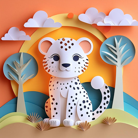 Charley The Cheetah Cub by FN Prints features a cute, stylized cheetah cub named Charley, depicted in a colorful paper-cut art style. Charley sits against a vibrant savanna landscape with an orange sky, white clouds, and two abstract trees. The lively scene includes shades of blue, green, and yellow hills, making it perfect for children's digital artwork.