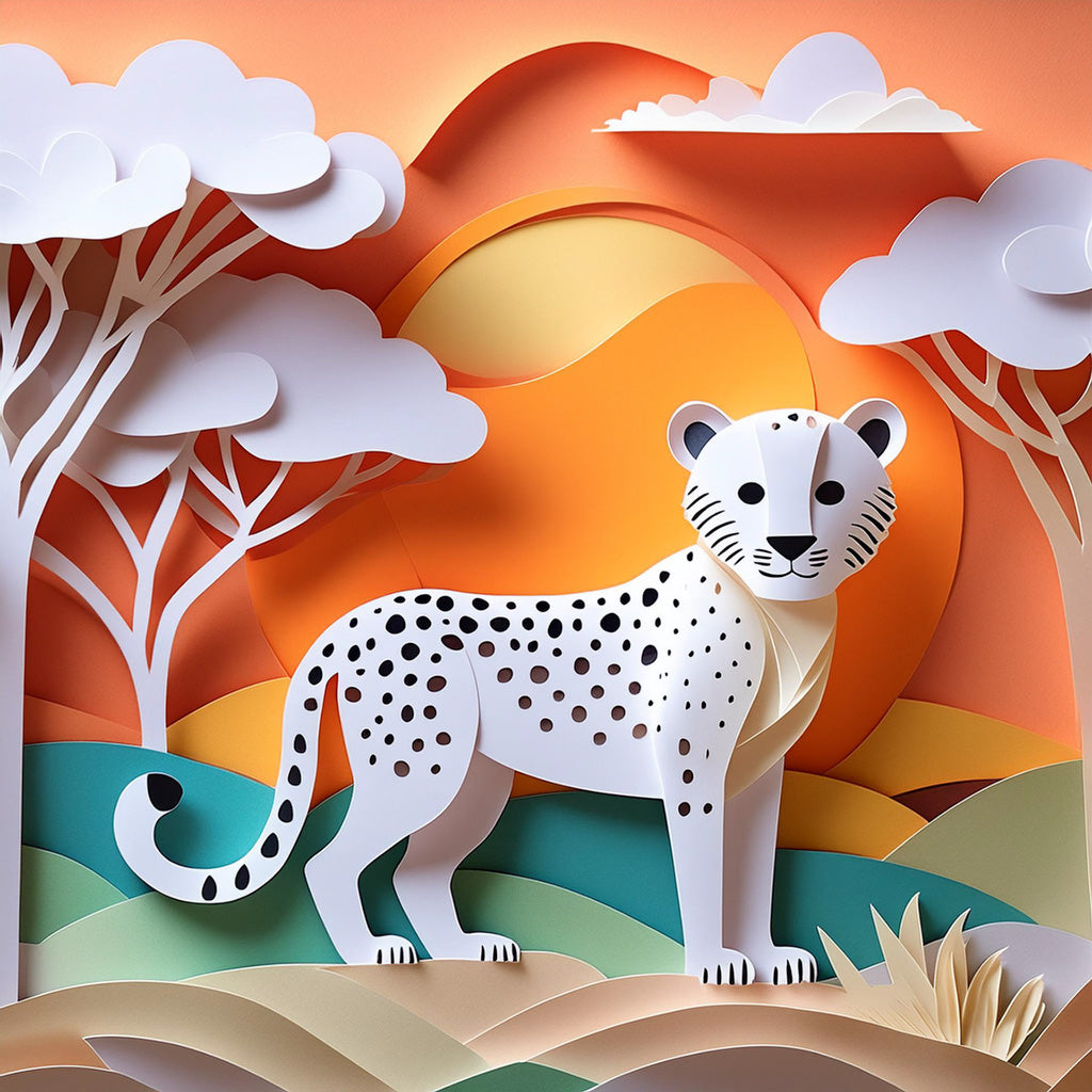 The "Caspian The Cheetah Cub" illustration by FN Prints portrays a white cheetah cub with black spots, standing in an imaginative landscape filled with abstract trees, mountains, and clouds. The scene is set against an orange and yellow gradient sky highlighted by a large sun, creating a vibrant backdrop. With its friendly expression, this stylized digital art is perfect for children's bedrooms.