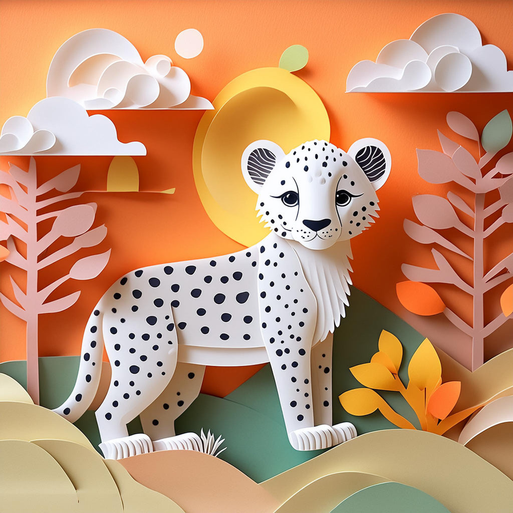 Sporting a delightful paper-cut style, Cameron The Cheetah Cub from FN Prints stands amid abstract orange and white trees with a radiant yellow sun in the background. Perfect for children's bedroom decor, this scene brims with layers of paper art that add depth and whimsy to the safari adventure.