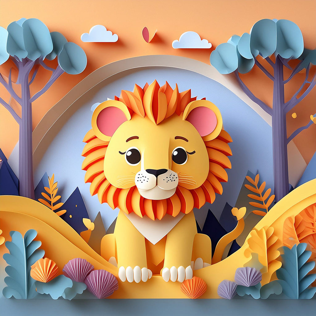 Introducing "Lavi The Lion Cub" by FN Prints: A vibrant, paper-cut style illustration featuring the adorable lion cub Lavi perched on a hill. The enchanting scene is adorned with colorful trees, plants, and hills set against a pastel landscape of blue and orange skies. This whimsical and playful artwork is perfect for children's digital art collections.