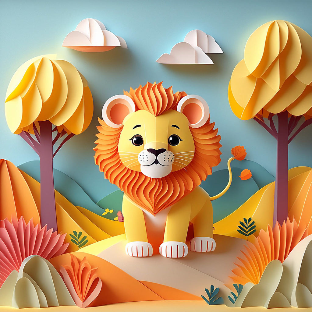 A whimsical, paper art-style illustration of Lenny the Lion Cub with a lush mane sitting on a hilltop. The scene features vibrant, stylized trees, rolling hills, and clouds in the background, all in warm, cheerful colors—a perfect portrayal of a vibrant nature landscape from FN Prints.