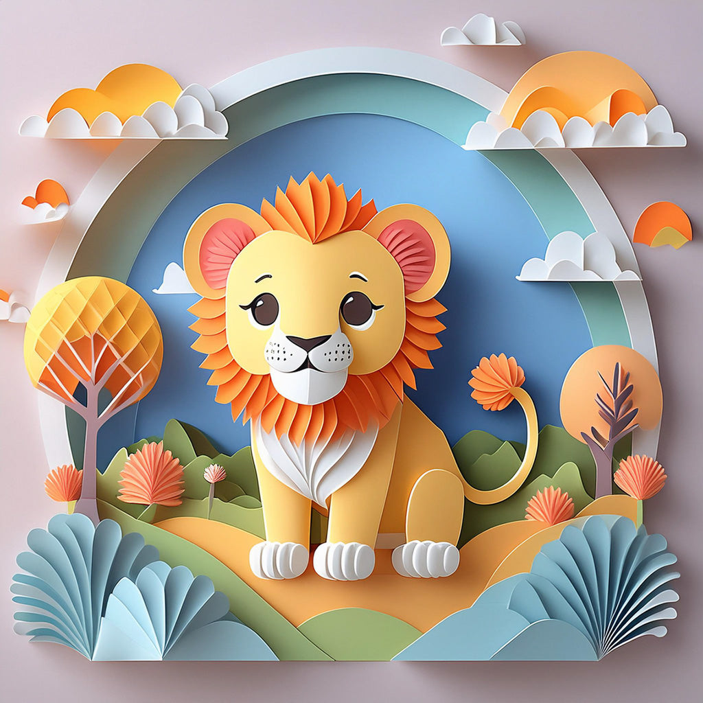 Laylan The Lion Cub by FN Prints features a cute lion with a cheerful expression, depicted in a 3D paper art style that sparks imaginative play. Laylan sits in a vibrant landscape filled with trees, bushes, and clouds crafted from layered paper cutouts. This digital art print is perfect for children's spaces, showcasing a beautiful blue sky adorned with scattered clouds in the background.