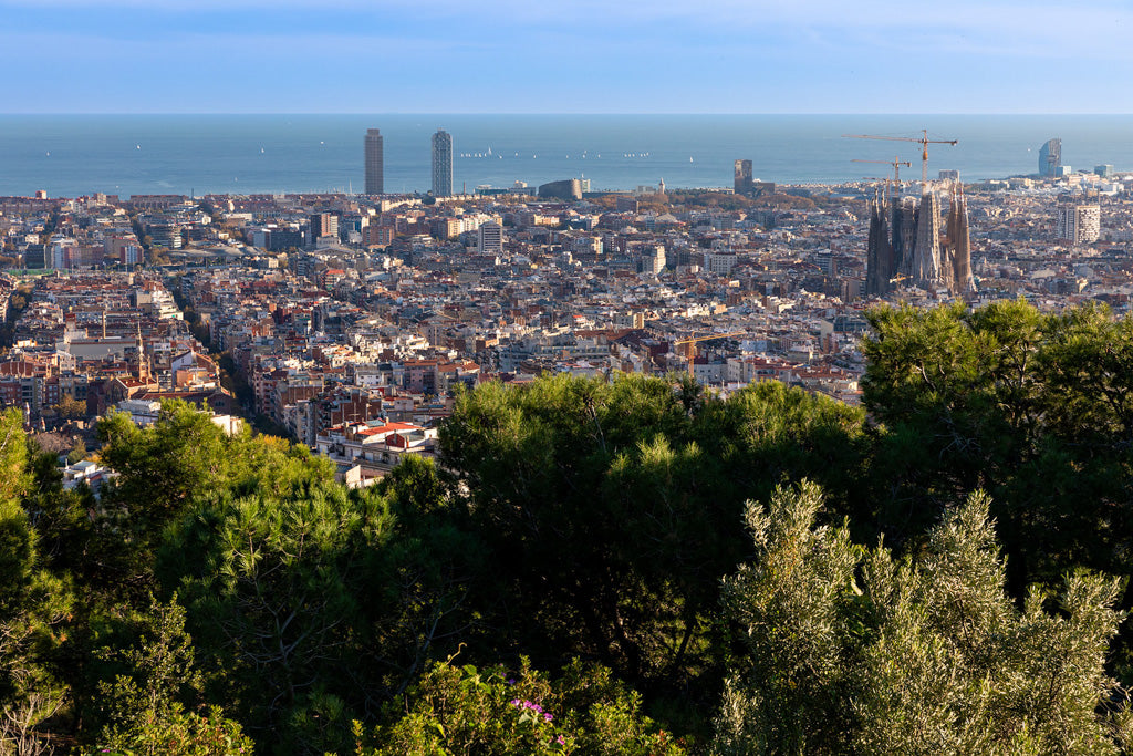 Experience Barcelona II by FN Prints: An aerial view of Barcelona reveals a dense cityscape blending historic charm with modern architecture, featuring the iconic Sagrada Família amidst the structures. Captured from the renowned Bunkers del Carmel viewpoint, this print also frames the Mediterranean Sea and several high-rise buildings with lush green foliage in the foreground.