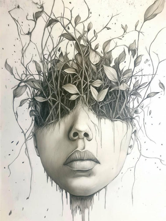 The Dark Nature's Embrace artwork by FN Prints is a dark fantasy ink sketch depicting a face with closed eyes, from which branches and leaves sprout. This piece beautifully integrates natural elements with human features, creating a surreal and organic vision that captures nature's resilience.