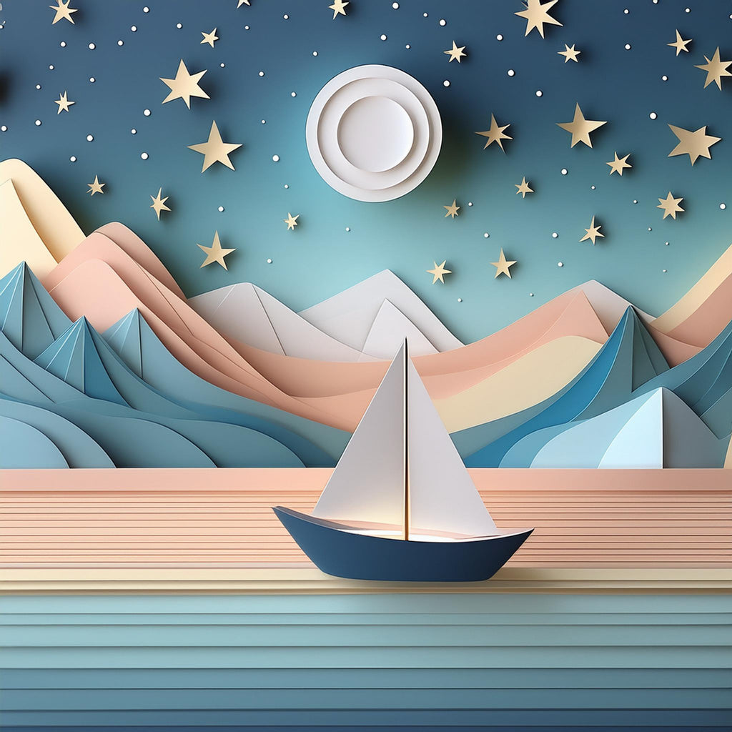 The "Cosmic Sail" by FN Prints is a stylized, layered paper art scene that depicts a sailing boat on a tranquil sea against pastel mountains under a starlit sky with a full moon. The artwork, crafted with soft colors and digital art elements, creates a serene and whimsical atmosphere.