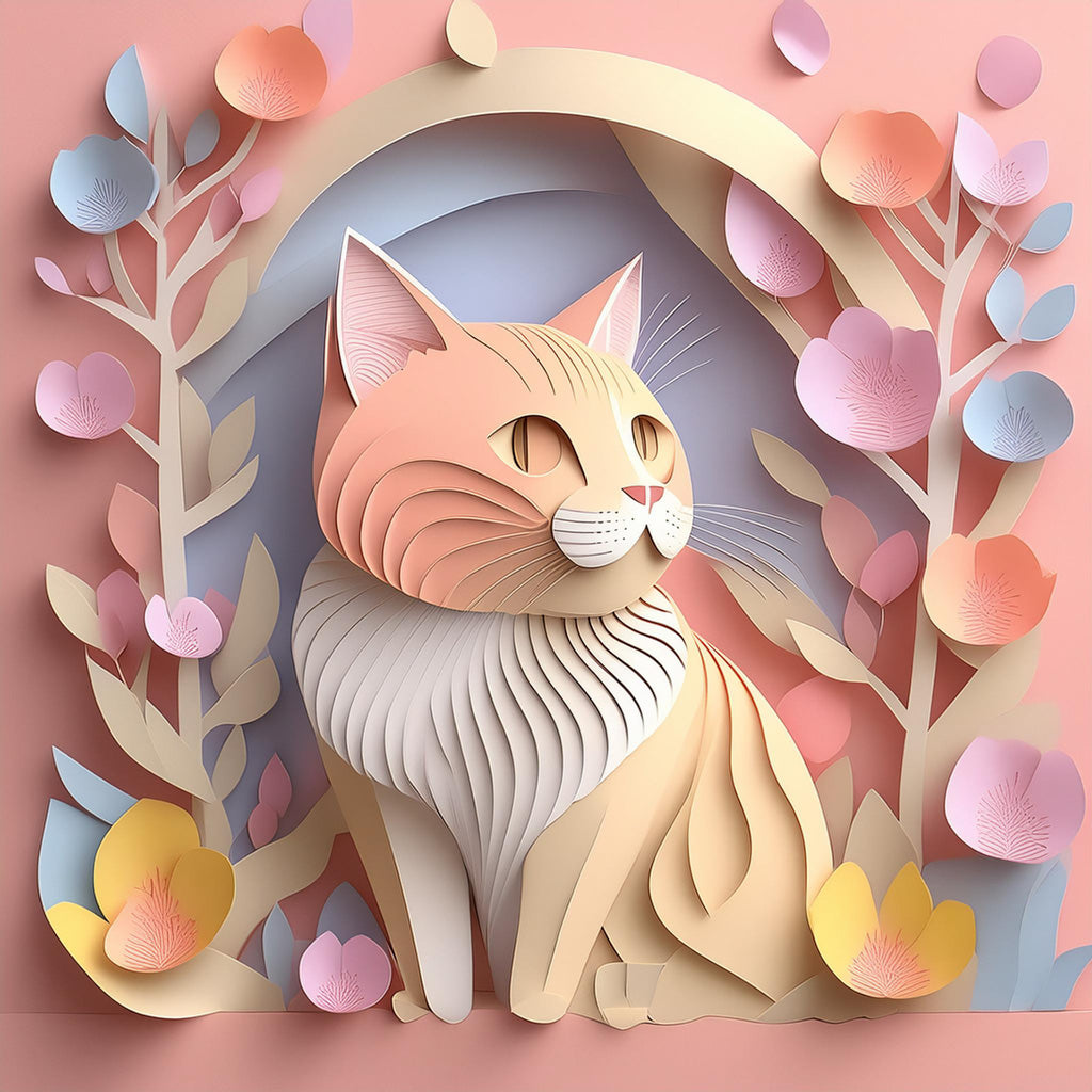 Illustration of FN Prints' "Calix The Cat" sitting elegantly within an archway adorned with vibrant flowers and leaves, all crafted from pastel-colored paper. The image showcases intricate layering and detail with a folded paper effect digital art style in a soft pastel purple-pink palette, creating a delicate and artistic scene ideal for children's spaces.