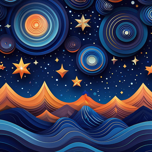 Circles In The Sky" by FN Prints: A vibrant, surreal abstract landscape featuring swirling, layered paper cut-out designs of mountains and waves in blues and oranges. The starry night sky above showcases large, circular, multi-colored stars alongside smaller, bright stars scattered throughout—truly mesmerizing.