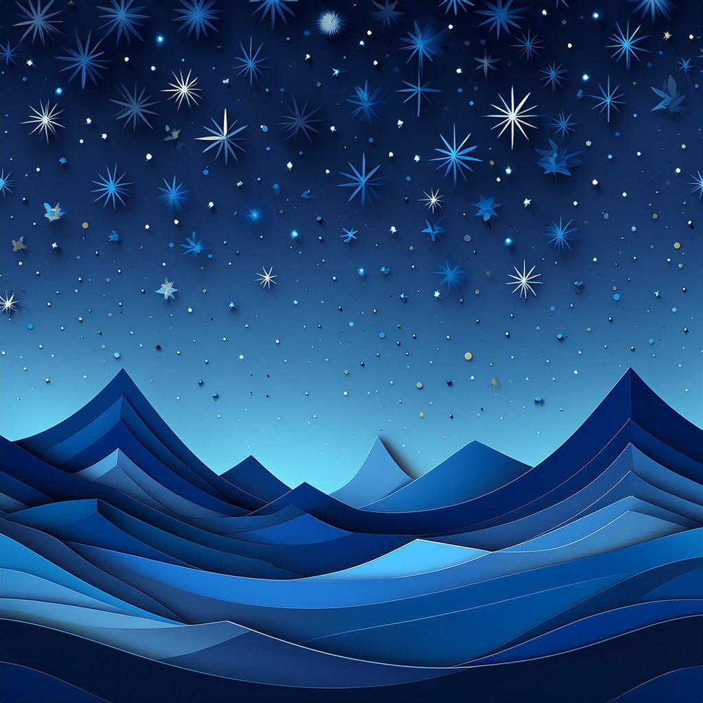 The "Blues Of Night" by FN Prints is a celestial artwork that showcases a serene nighttime landscape with stylized blue mountains and rolling hills beneath a starry sky. Various star shapes and constellations are scattered across the dark blue gradient sky, creating a whimsical and tranquil digital art piece.