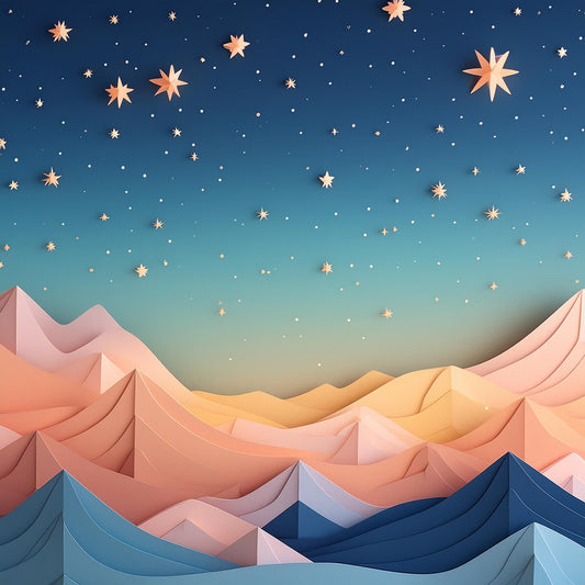 The Twilight Dreamscape by FN Prints captures a dreamy, pastel-colored landscape with a mountain range in shades of pink, orange, and blue under an ombre dusk sky. The sky elegantly transitions from deep blue to turquoise and is adorned with numerous stars and star-shaped cutouts that create a magical folded paper effect.