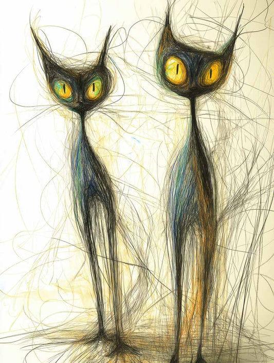 The FN Prints piece titled "Creeping Curiosity" features abstract digital artwork of two slender, Siamese-like black cats with large yellow eyes set against a textured, sketchy background. Their elongated bodies and expressive features exude a whimsical, surreal charm.