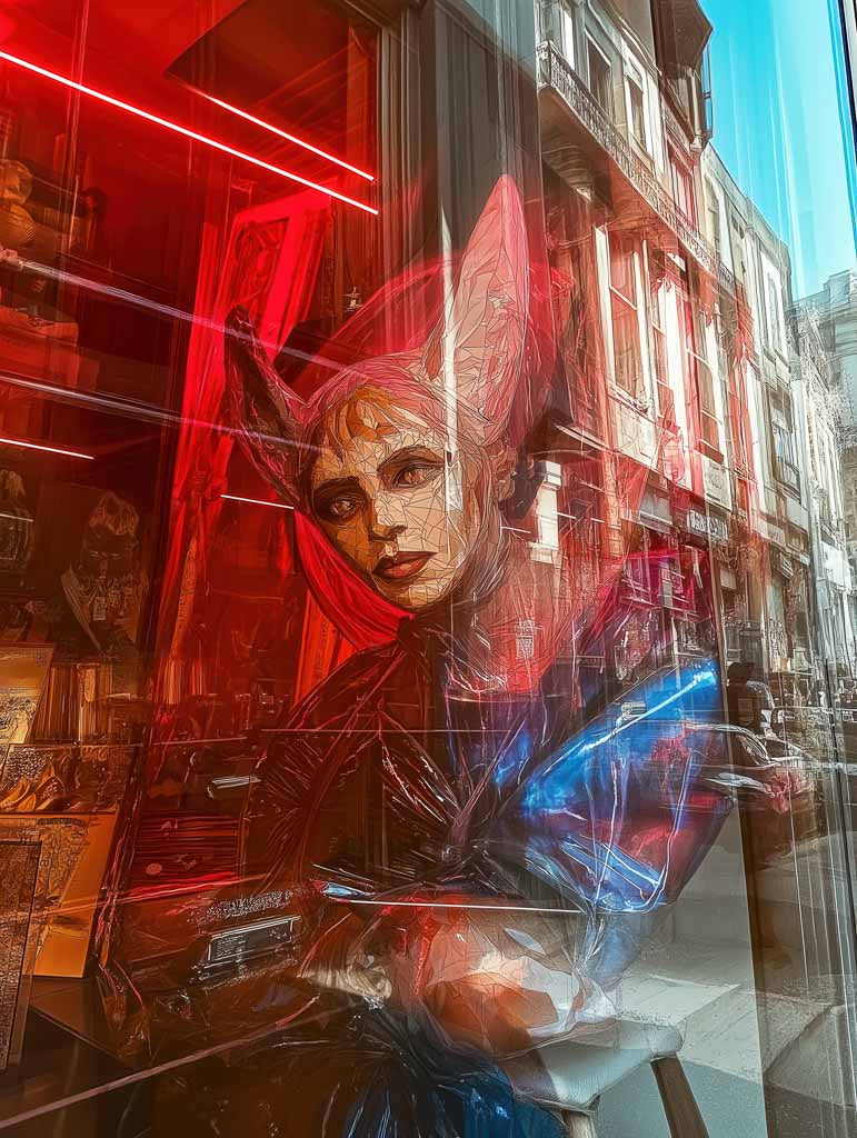 A storefront display features a reflective window showcasing FN Prints' product, Neon Enigma: a cyberpunk-style artwork depicting a person with abstract, colorful shapes over their face. The red-tinted background adds intrigue as the street's buildings and parked cars blend into this captivating scene.