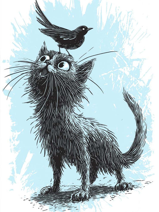 In a whimsical moment, FN Prints' "Perched Pals" features a fluffy, wide-eyed black cat gazing up at a small bird perched playfully on its head. This comic-style digital illustration presents a light blue background that contrasts with the bold black lines of the drawing, capturing their endearing interaction.