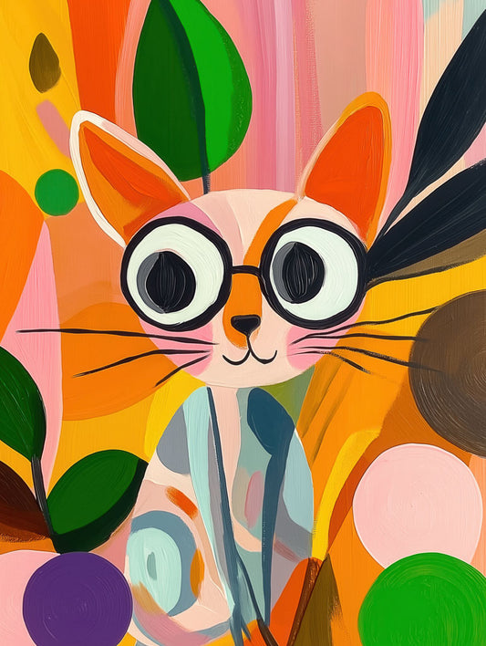 FN Prints' Whimsical Catitude features a playful and abstract depiction of a cat wearing oversized round glasses. The lively background is filled with bold, vibrant shapes in pink, orange, yellow, and green, complemented by leaf-like patterns that enhance the overall charm of this whimsical feline artwork.