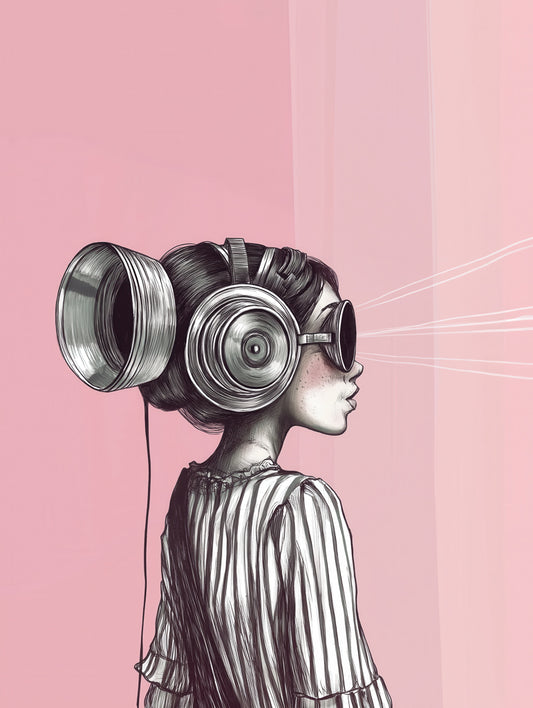 In this digital artwork, a figure wears large headphone-like structures along with a light-emitting visor, showcasing retro-futuristic designs. Positioned against a pink background, the individual in a striped shirt exudes an artistic, sketch-like aura that mirrors the Steampunk Sound Wave aesthetics from FN Prints.