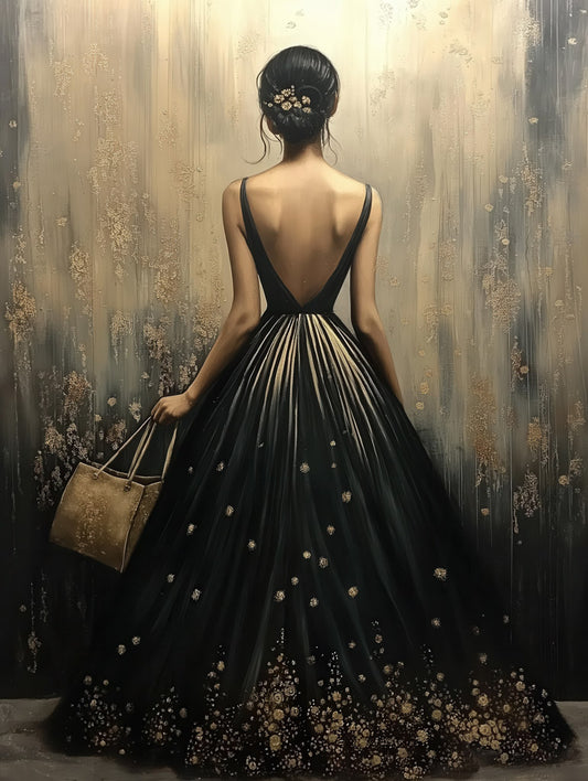 A woman wearing The Black Gold Dress by FN Prints is posed against a textured, gold-and-gray backdrop. She holds a gold purse in her left hand, while her hair is styled elegantly in an updo adorned with flowers, exuding the sophistication of digital artwork.