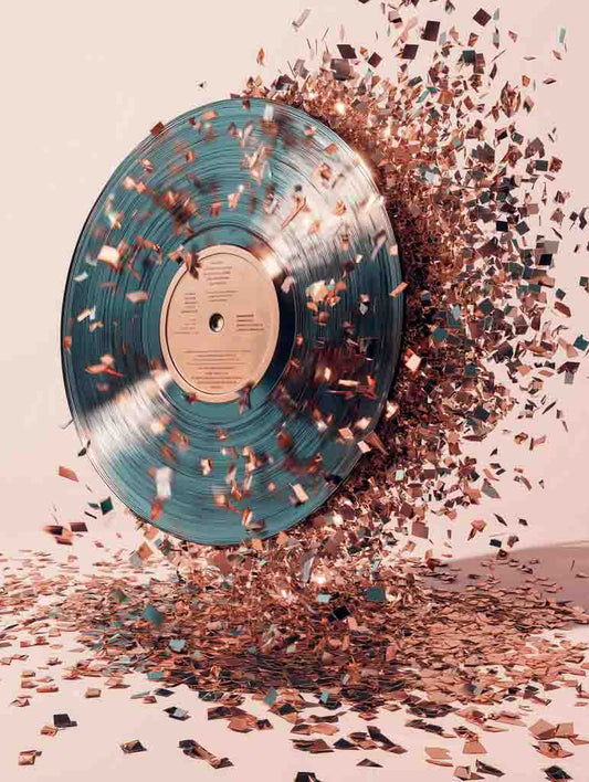 The Vinyl Confetti by FN Prints features a dramatic depiction of a vinyl record exploding into the air, with fragments in shades of bronze, rose gold, and gold. This creates a striking artistic effect against a light background, making it an ideal choice for fans of abstract digital artwork.