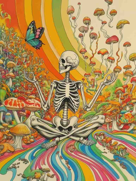 In FN Prints' "Psychedelic Visions," a meditative skeleton sits cross-legged amidst vibrant mushrooms and flowing rainbow streams, with a butterfly hovering nearby to enhance the surreal atmosphere.