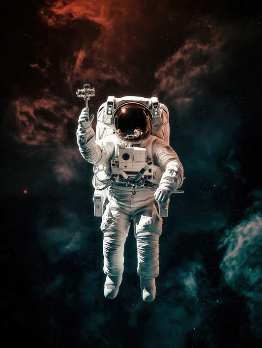 Draped in a white spacesuit, an astronaut from FN Prints' "Cosmic Explorer" collection floats serenely through the boundless expanse of space, holding a small object. The digital artwork exquisitely portrays a starry sky set against clouds softly glowing in shades of red and teal.