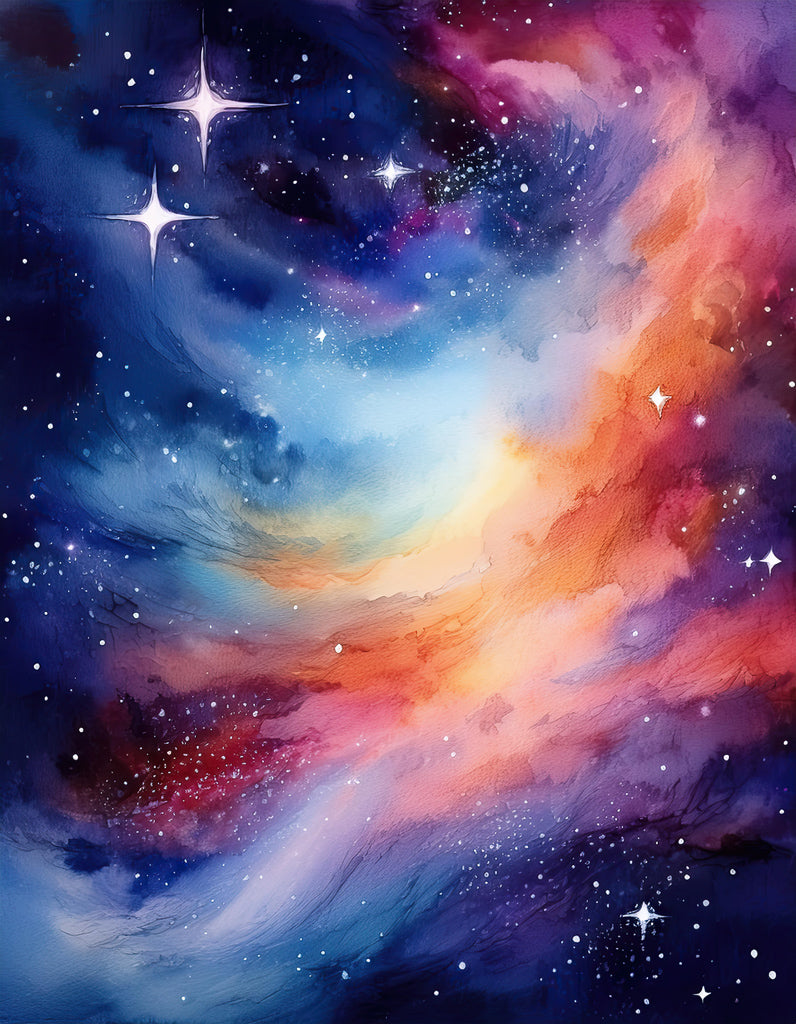 The "Distant Galaxy" by FN Prints features a vibrant depiction of outer space with swirling nebulae in shades of blue, purple, orange, and pink. Bright stars and scattered white specks resembling distant stars dot the scene, creating a mesmerizing cosmic landscape filled with cosmic colors.