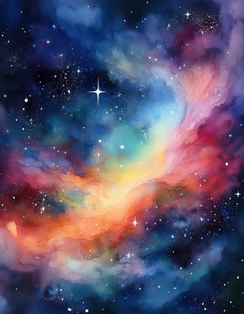 A vibrant cosmic scene titled "Celestial Waves" by FN Prints features swirling nebulae in stunning hues of blue, purple, red, and orange. Bright stars of various sizes are scattered throughout the deep space background, illuminating the ethereal gas clouds and adding a sense of depth and cosmic wonder.