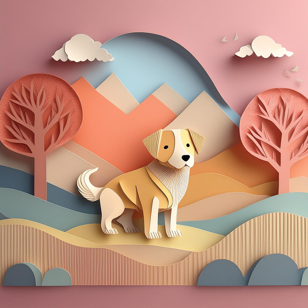 A whimsical artwork from FN Prints, "Drue The Dog" features a playful paper-cut style illustration of a yellow dog with floppy ears sitting in a vibrant landscape. The background showcases rolling hills, mountains, two trees with circular canopies, and clouds against a light pink backdrop—perfect for children's spaces.