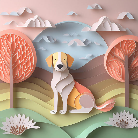 FN Prints' whimsical children's wall art, "D'Artagnan The Dog," features a delightful dog print set against a colorful, rolling landscape. The scene includes stylized trees, hills, and clouds in pastel shades. Using a folded paper effect digital art technique, the gentle dog is centrally placed, adding charm to the composition.