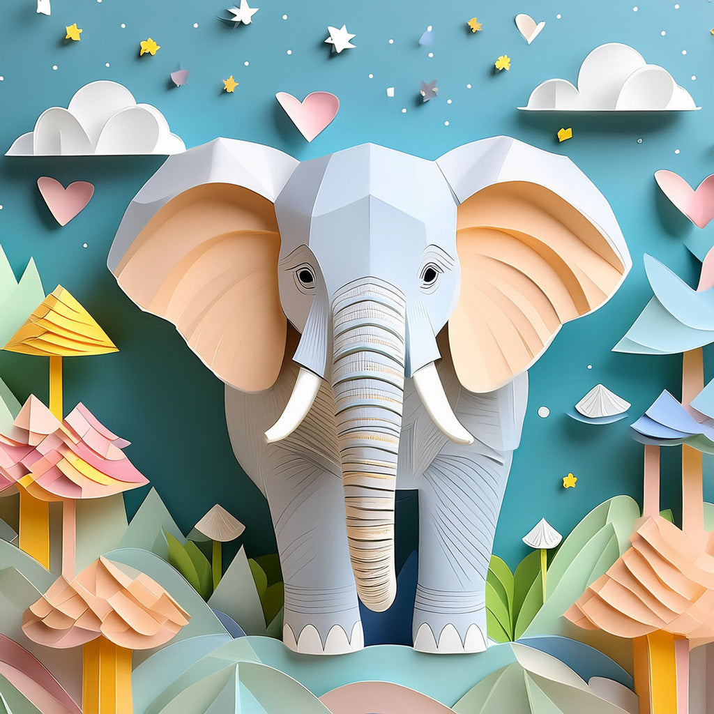 A whimsical, brightly colored paper cut-out scene titled "Efe The Elephant" by FN Prints showcases a large, detailed elephant at its center. Surrounding Efe are trees, clouds, hearts, and stars that together create an enchanting artwork ideal for children's spaces. The folded paper effect digital art further enhances its cheerful and imaginative atmosphere.