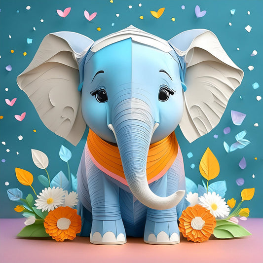 Elie The Elephant Calf by FN Prints, a whimsical and playful blue elephant with large, expressive eyes and a friendly smile, stands in the center adorned with a white hat and an orange scarf. Surrounded by colorful flowers and heart-shaped confetti against a pastel blue background, it makes the perfect addition to children's spaces.