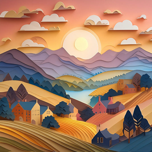 The FN Prints' "Mauve Mountains Sunset" is a vibrant, layered paper art landscape that captures a stunning sunset over rolling hills, trees, and quaint houses. The sun sits low in the sky, casting a warm glow on the serene countryside. Enhancing the depth and texture of this beautiful scene are majestic mountains in the backdrop and whimsical clouds sprinkled throughout.