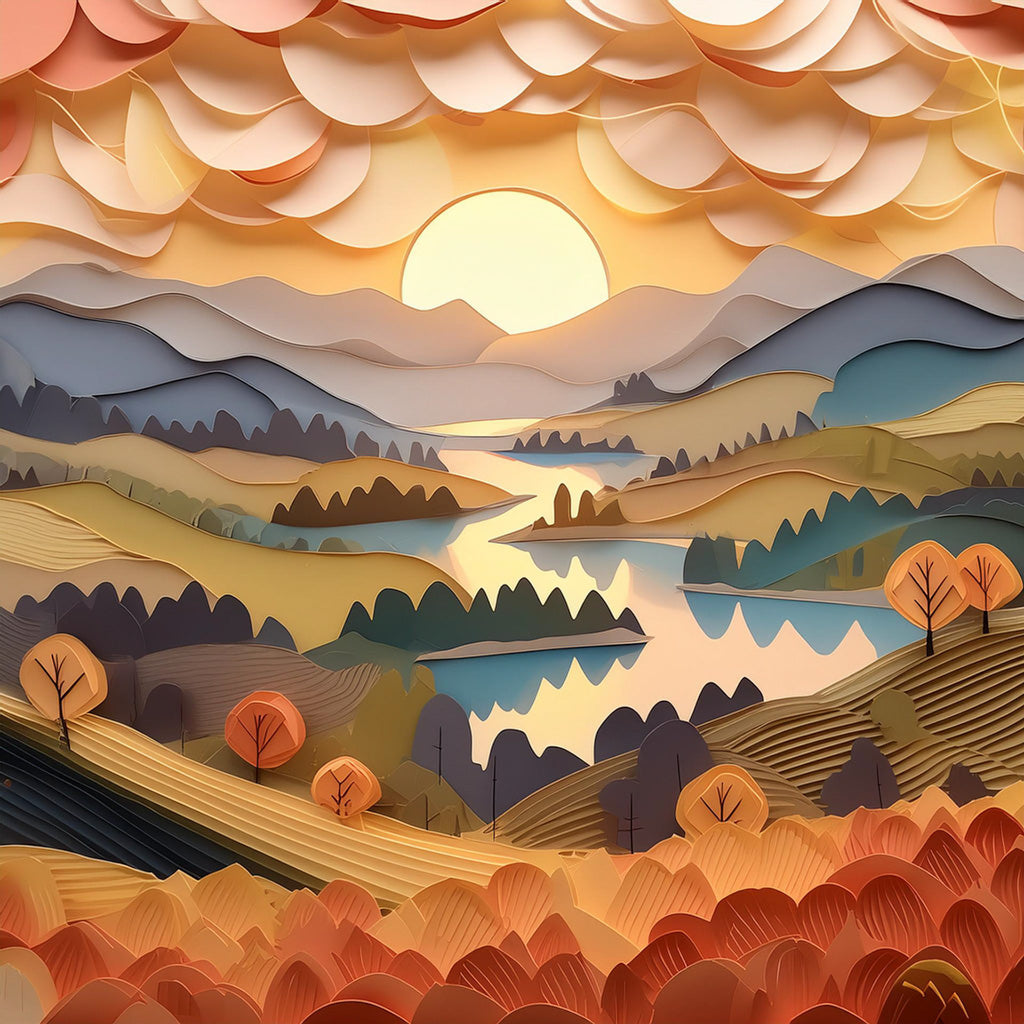 FN Prints' Golden Hour Lake is a vibrant, layered paper art depiction of a golden hour sunset over rolling hills and a river. The scene features autumnal trees, a winding river, and mountains in the background with a folded paper effect, all crafted in shades of orange, yellow, green, and blue.