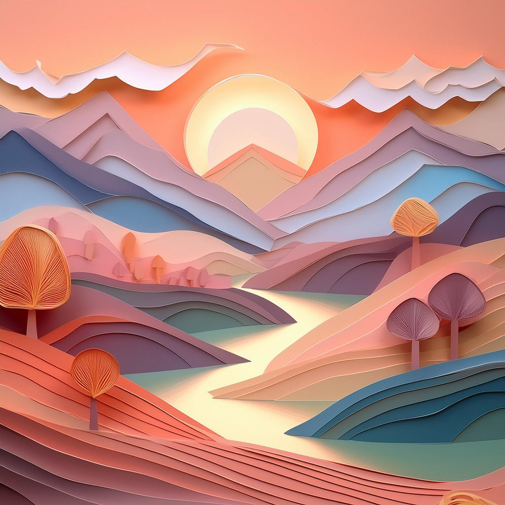 The FN Prints "Pastel Lakeview" features a vibrant, layered paper art landscape showcasing mountains, a winding river, and trees beneath a setting sun. The artwork transitions from pinks and purples in the sky and mountains to vivid oranges and reds in the foreground, evoking a warm, serene atmosphere reminiscent of a tranquil lake scene.