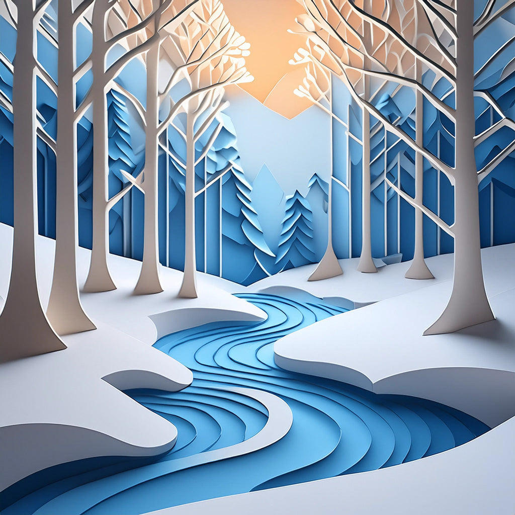 The Icy River by FN Prints showcases a stylized, paper-cut design of a winter wonderland scene with leafless trees, gently curving hills, and a meandering river. The snowy landscape is bathed in soft, warm light from a sun low in the sky, creating a serene and tranquil atmosphere.