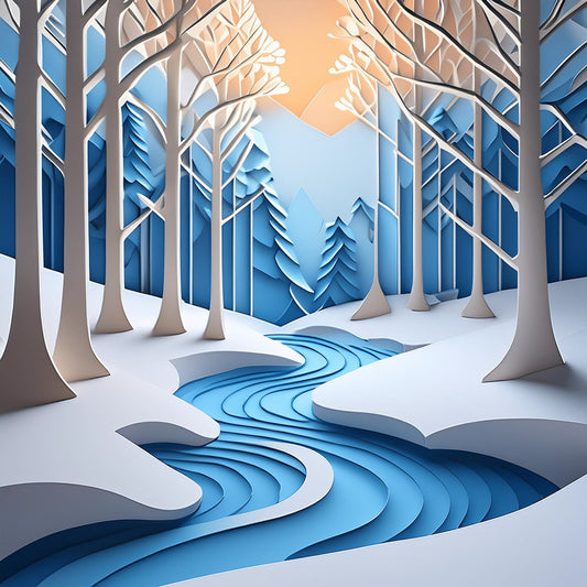 The Icy River by FN Prints showcases a stylized, paper-cut design of a winter wonderland scene with leafless trees, gently curving hills, and a meandering river. The snowy landscape is bathed in soft, warm light from a sun low in the sky, creating a serene and tranquil atmosphere.