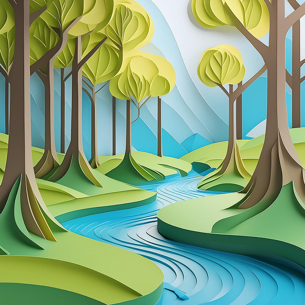 The "Early Spring Forest" by FN Prints is a colorful and stylized paper-cut illustration of a spring forest scene. Trees with green and yellow foliage stand along a winding blue river, while the background showcases layers of blue and green hills, creating a textured appearance that evokes tranquil nature artwork with a folded paper effect.