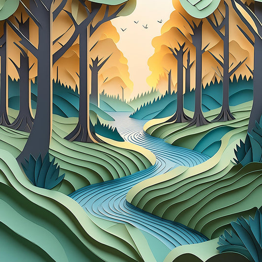 FN Prints' Woodland Harmony showcases a picturesque digital art landscape depicting a vibrant paper art forest with tall trees and a winding river. The serene scene features layered shades of green, blue, and yellow, creating depth and dimension, with birds soaring in the pastel-colored sky.