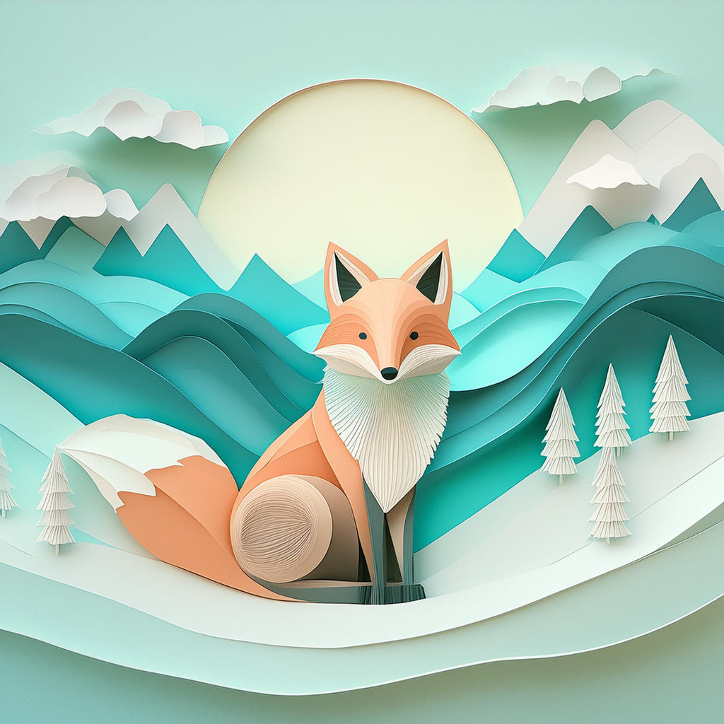 Fenix the Fox by FN Prints features a charming, paper art fox named Fenix seated on a snowy landscape. The backdrop showcases layers of blue-green hills and majestic mountains, with the rising sun casting a warm glow over the scene. Accented by white, paper-crafted evergreen trees, this piece makes an ideal children's digital art print.