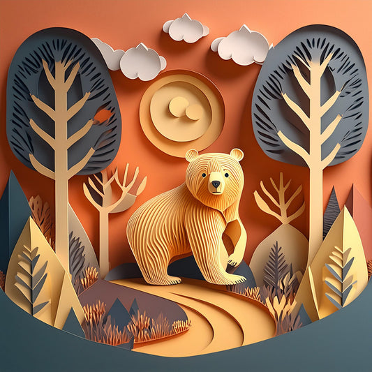 This digital art piece, titled "Bo The Bear" by FN Prints, is a stylized paper cutout illustration featuring Bo the Bear standing on a winding path in a forest with towering trees and small bushes. The sun and clouds hover in the orange sky, casting a warm glow over the scene. Rendered in shades of orange, yellow, and blue, it makes for an ideal children's art print.