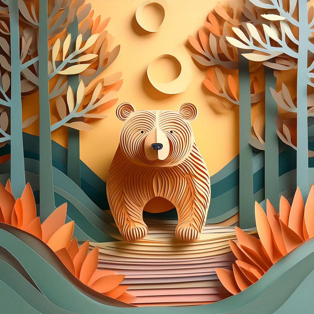 Introducing FN Prints' "Baabar The Bear": a vibrant paper art featuring a bear standing on a path, surrounded by trees and foliage with two crescent moons in the sky. This whimsical nursery artwork showcases layered, cut-out paper pieces in shades of orange, green, and beige to create an enchanting three-dimensional forest scene.